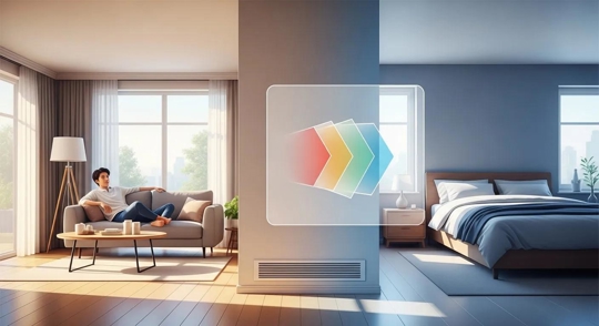 A split-screen illustration depicts an air filtration concept on a wall dividing a warm living room and a cool bedroom.