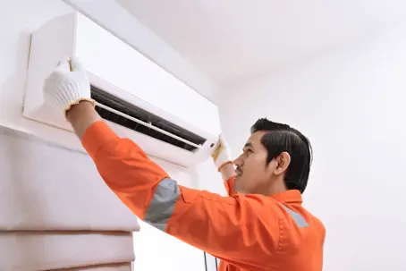 The AC unit is being repaired/installed