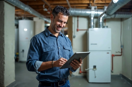A smiling technician uses a digital tablet while standing in a basement utility room.