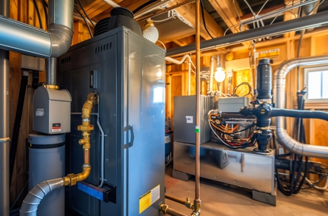 A large furnace and complex piping system are installed in a wooden utility room.