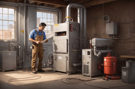 A technician holding a clipboard inspects industrial machinery in a mechanical room.