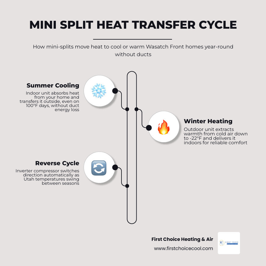 Infographic showing how a mini split heat pump transfers heat outward in summer and extracts heat from cold air in winter Infographic showing how a mini split heat pump transfers heat outward in summer and extracts heat from cold air in winter