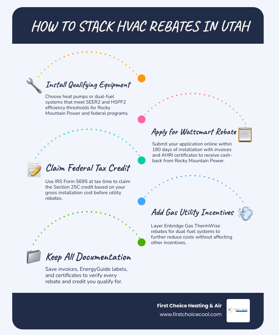 Infographic showing how to stack Rocky Mountain Power Wattsmart rebates, Enbridge Gas ThermWise rebates, and federal Section Infographic showing how to stack Rocky Mountain Power Wattsmart rebates, Enbridge Gas ThermWise rebates, and federal Section