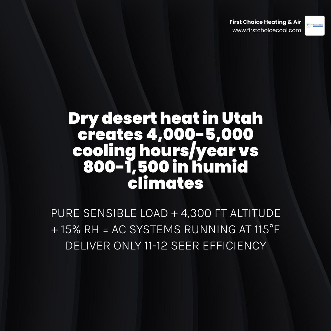 Infographic: dry desert vs humid climate AC demands - sensible load, cooling hours, lifespan, SEER loss infographic