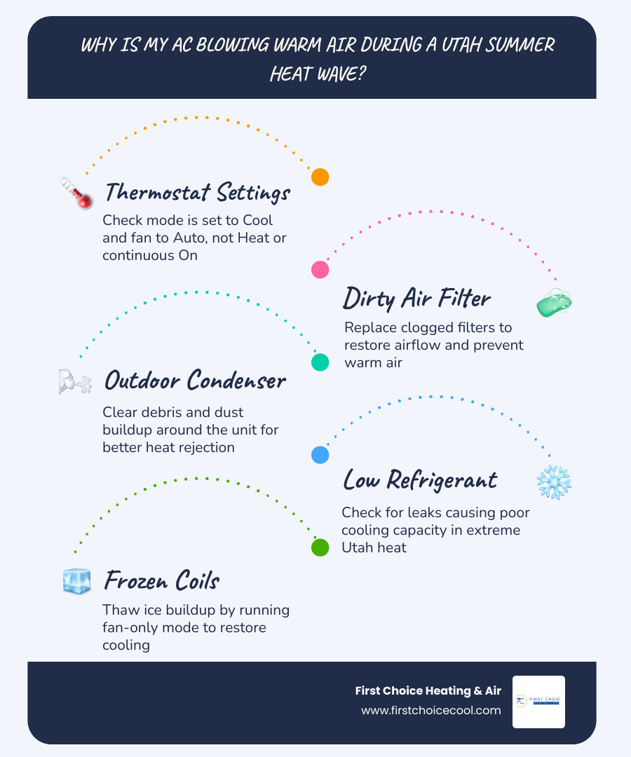 Infographic showing 7 reasons an AC blows warm air during a Utah summer heat wave with quick fixes infographic Infographic showing 7 reasons an AC blows warm air during a Utah summer heat wave with quick fixes infographic