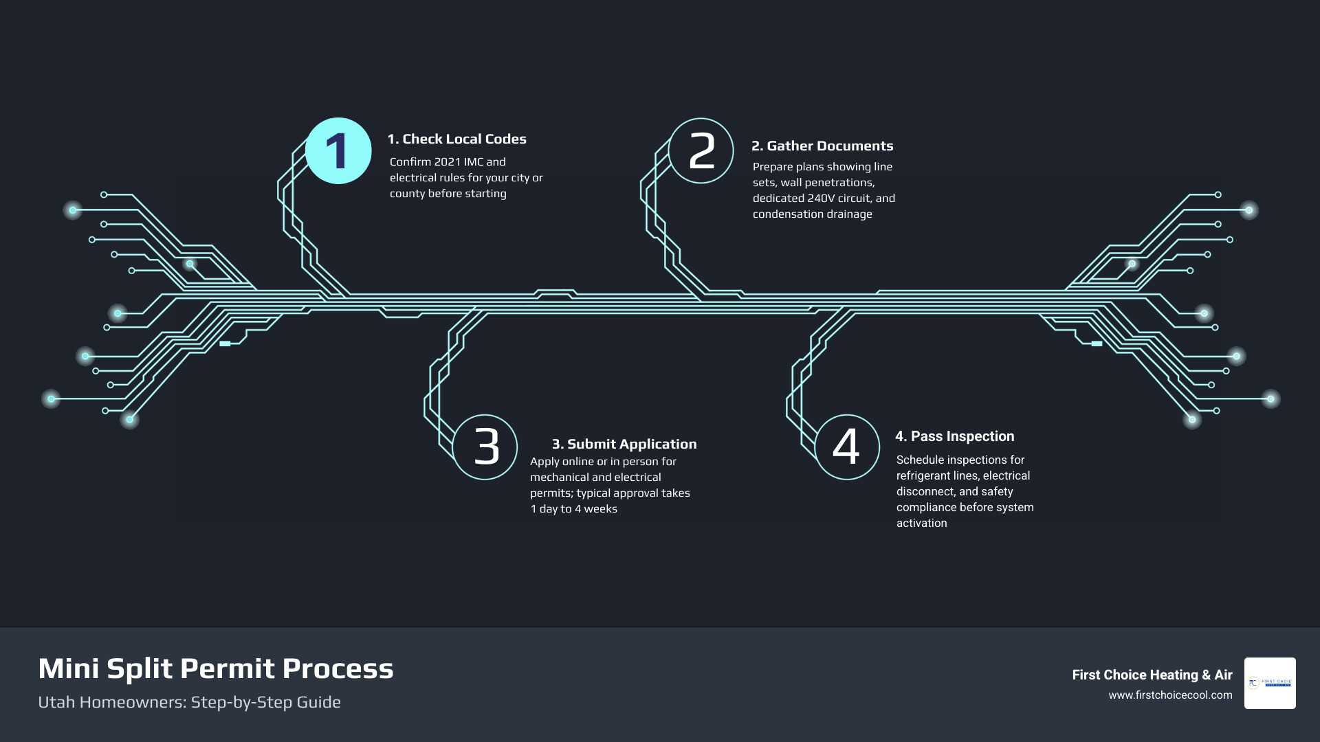 Step-by-step mini split permit process in Utah: check local codes, gather documents, apply, inspection, approval infographic Step-by-step mini split permit process in Utah: check local codes, gather documents, apply, inspection, approval infographic