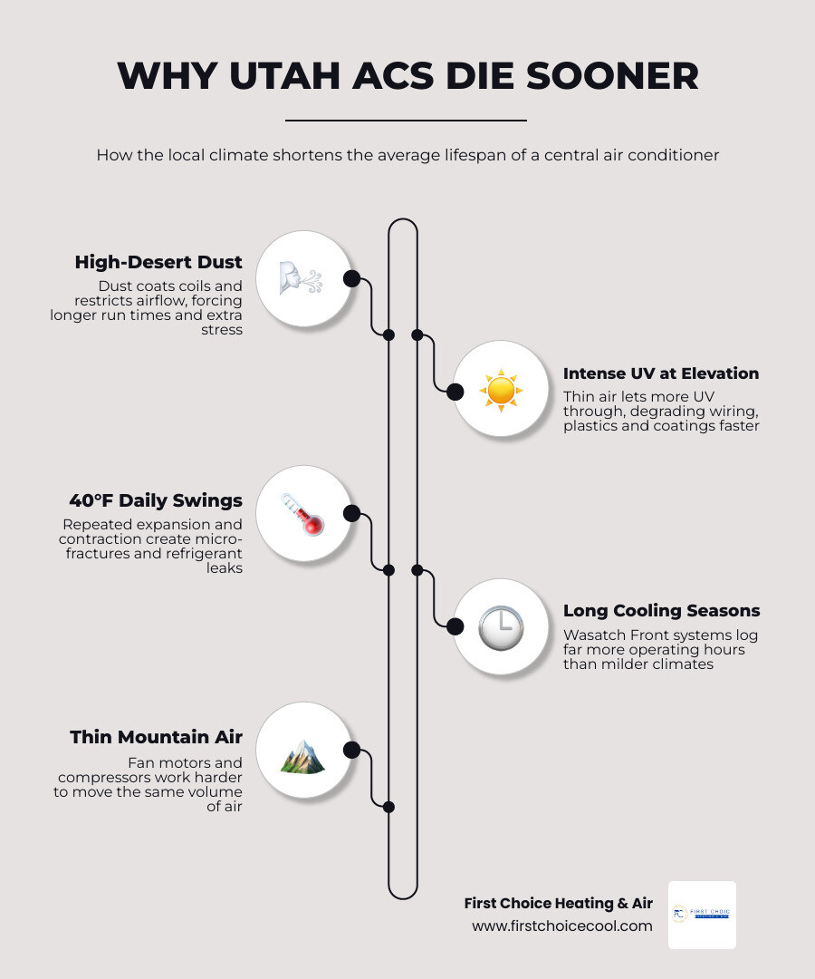 Infographic showing how Utah climate factors reduce central AC lifespan compared to national average infographic Infographic showing how Utah climate factors reduce central AC lifespan compared to national average infographic