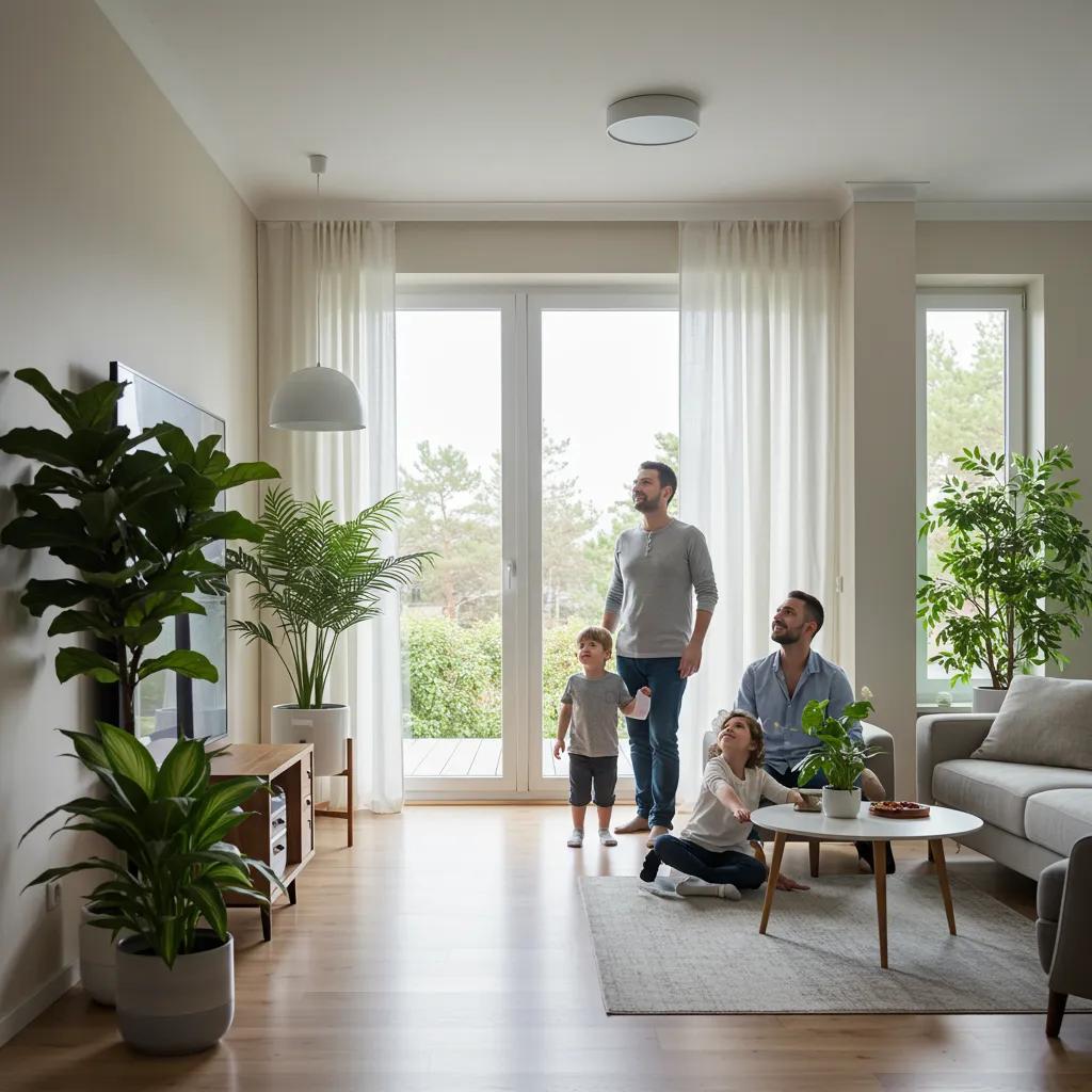 A happy family enjoying a bright, clean living room with plants, symbolizing improved indoor air quality thanks to HVAC maintenance