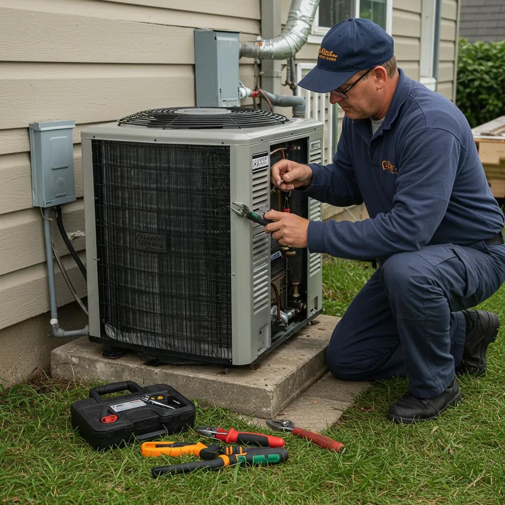 HVAC technician servicing air conditioning unit, highlighting maintenance plan benefits