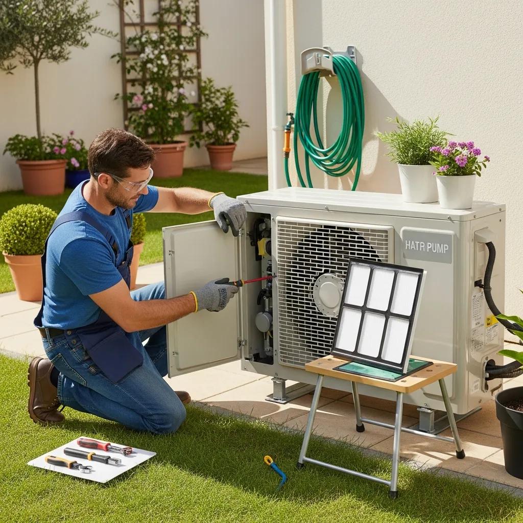 Homeowner cleaning a reusable HVAC filter near a heat pump