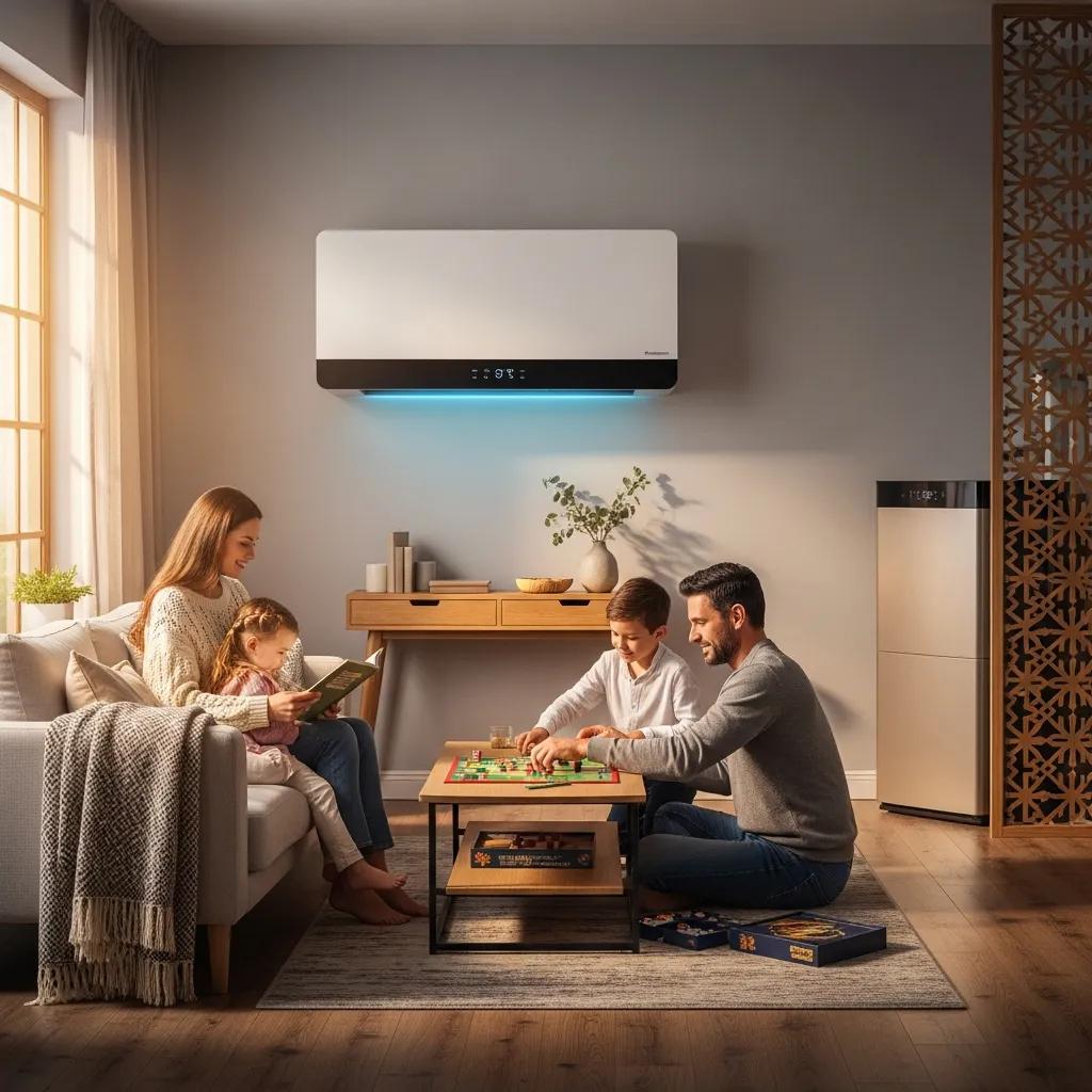 Cozy home interior featuring a modern heat pump and furnace, highlighting family comfort and heating system choices