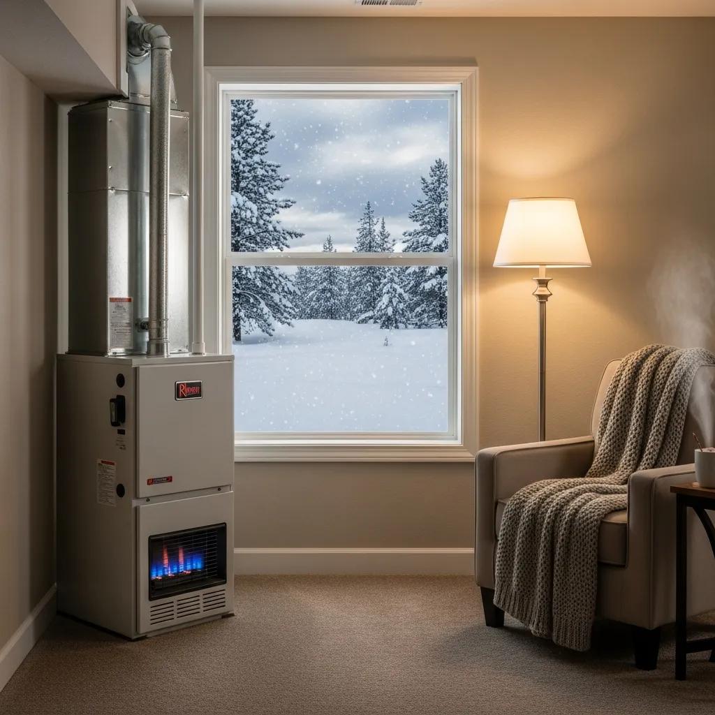 Choose Wisely: Heat Pump vs Furnace for Energy Efficiency 3 Natural gas furnace in a cozy Utah home, providing warmth during snowy winter conditions, with a view of a winter landscape through the window.