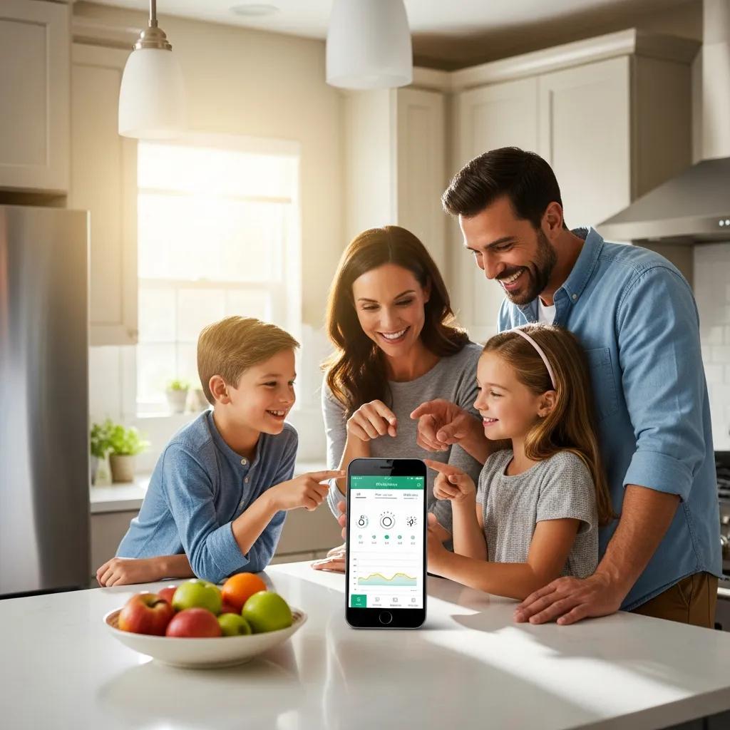 Smart Thermostat Installation in West Jordan, UT 2 Family using smartphone to control smart thermostat in modern kitchen, showcasing benefits of home technology and energy efficiency.