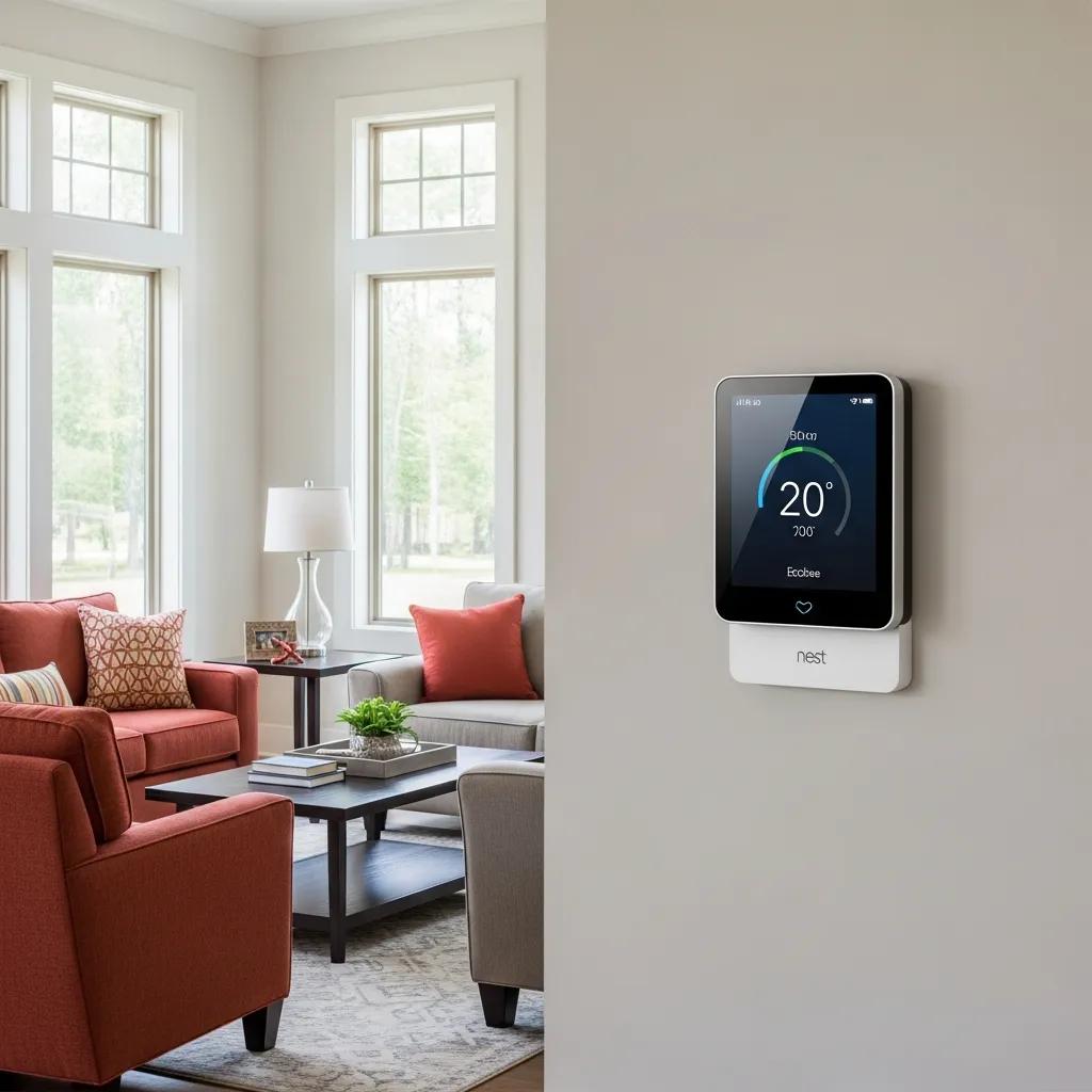 Smart thermostat in a cozy living room, emphasizing energy efficiency and modern home comfort