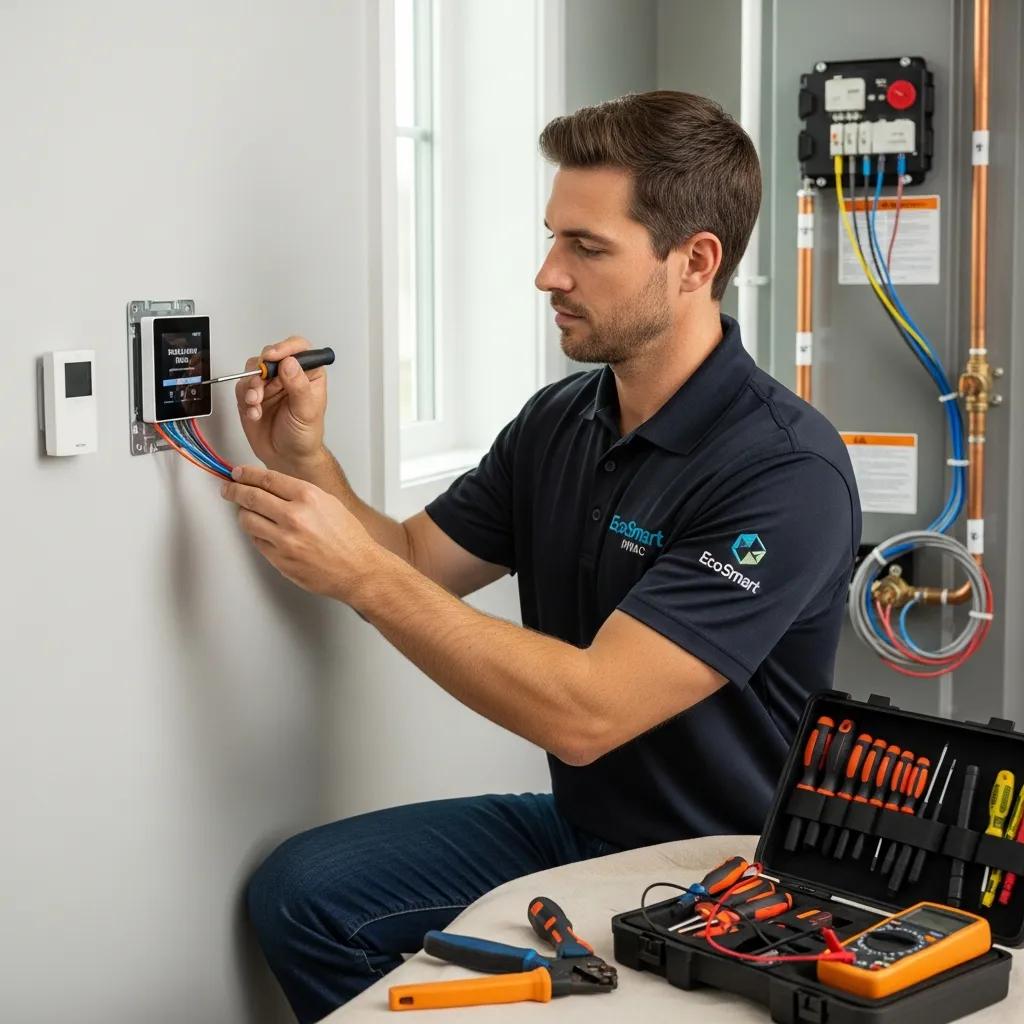 Smart Thermostat Installation in West Jordan, UT 3 Technician installing a smart thermostat, demonstrating HVAC expertise and professional installation process, with tools and wiring visible.